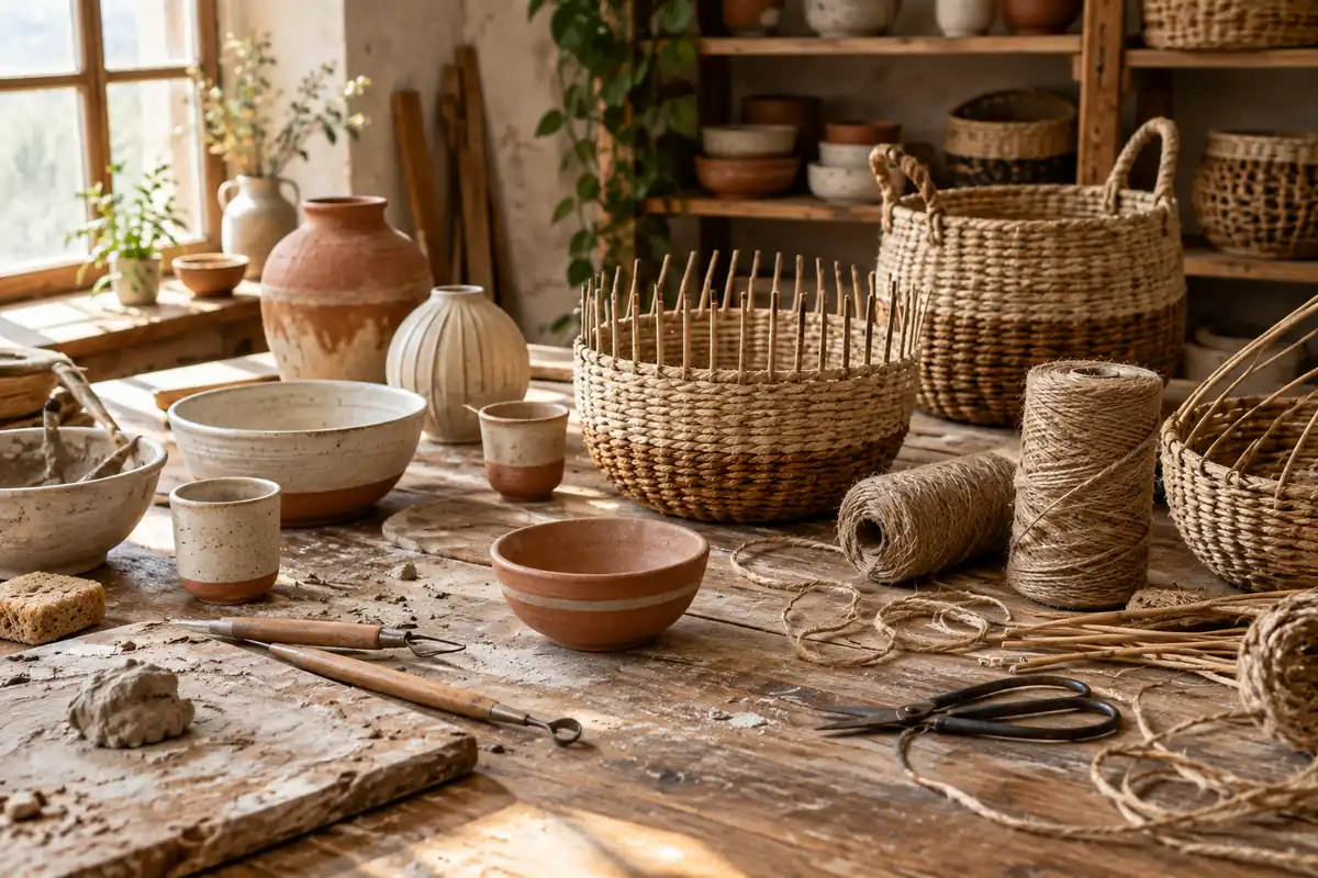 Artisan workshop with handmade ceramics and woven baskets