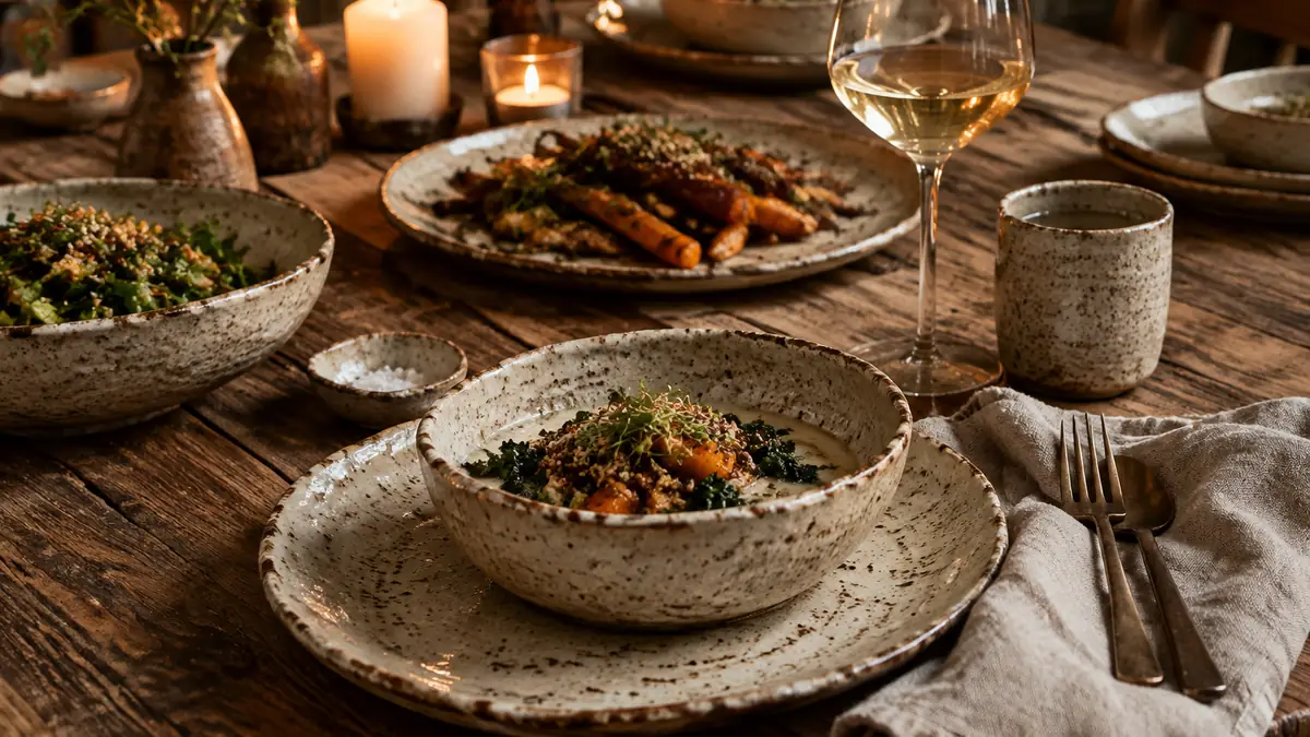 Rustic handmade ceramic dinnerware set on a wooden table