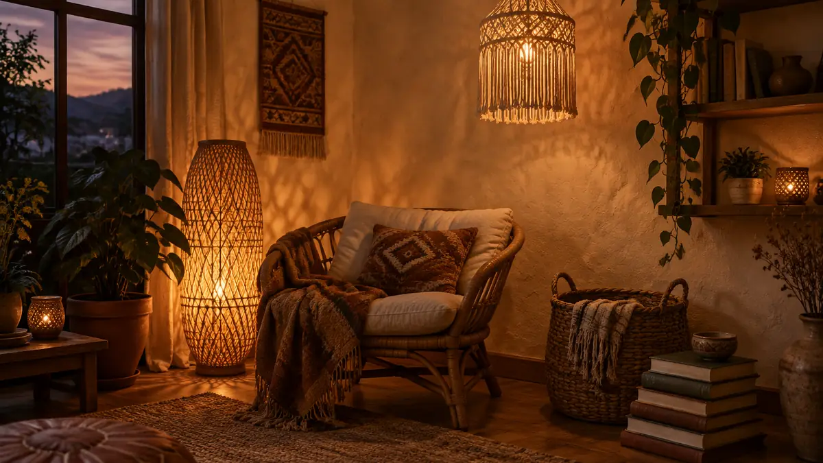 Cozy reading corner glowing with woven rattan lamp light