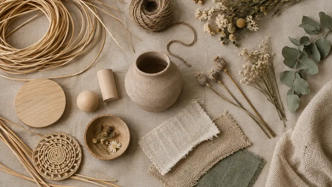 Natural sustainable craft materials laid out on linen