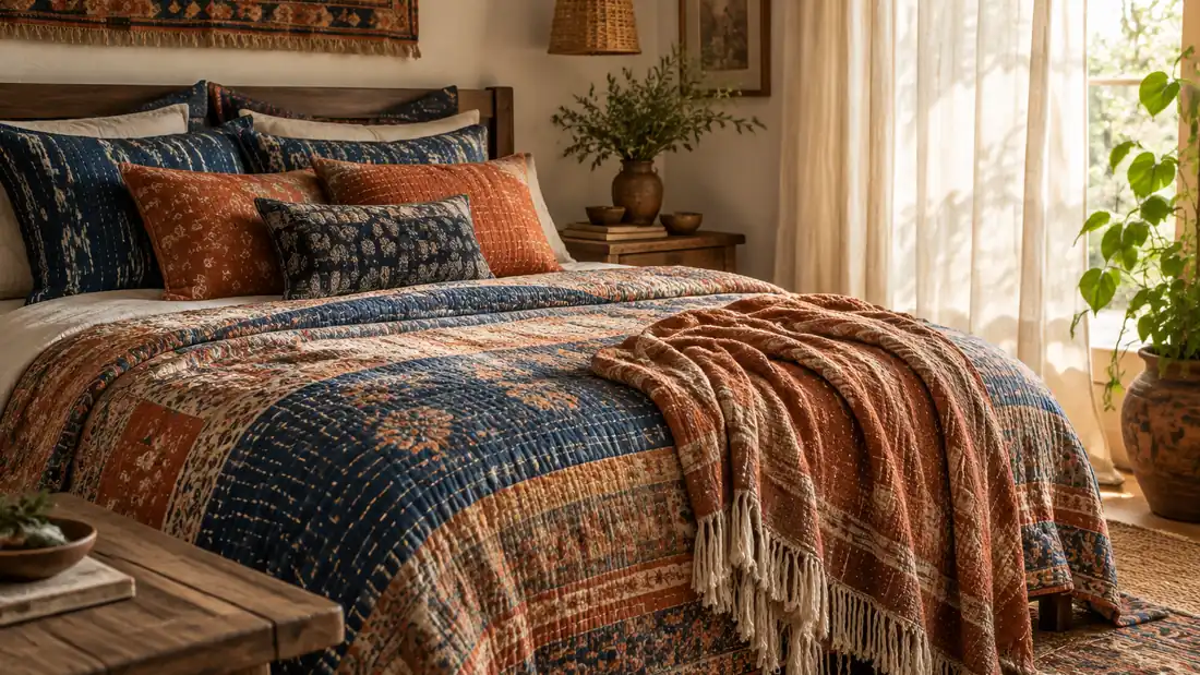 Bohemian living room with layered handmade textiles and warm lighting