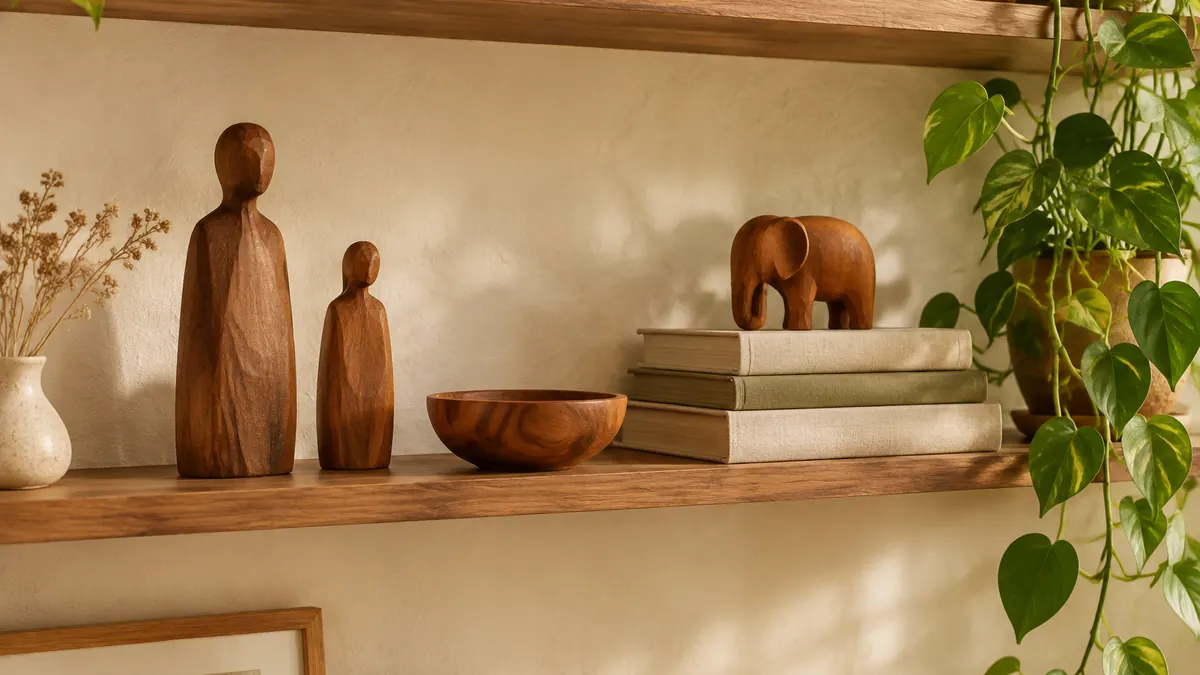 Styled wooden shelf with carved figurines and teak bowl