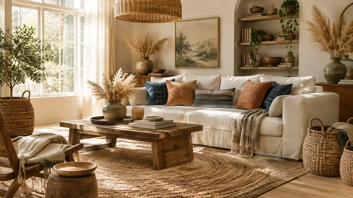 Warm bohemian living room with handwoven and handmade decor