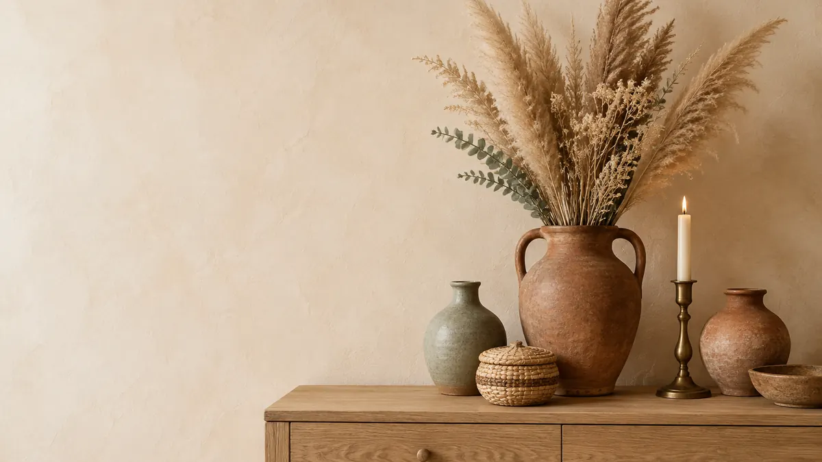 Handmade ceramic vases and woven basket styled on a console table